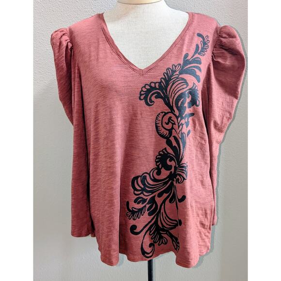 Chico's Tops - Womens Chicos Scroll Print Puff Sleeve Cotton Blend Knit Boho Top Burgundy Sz XL